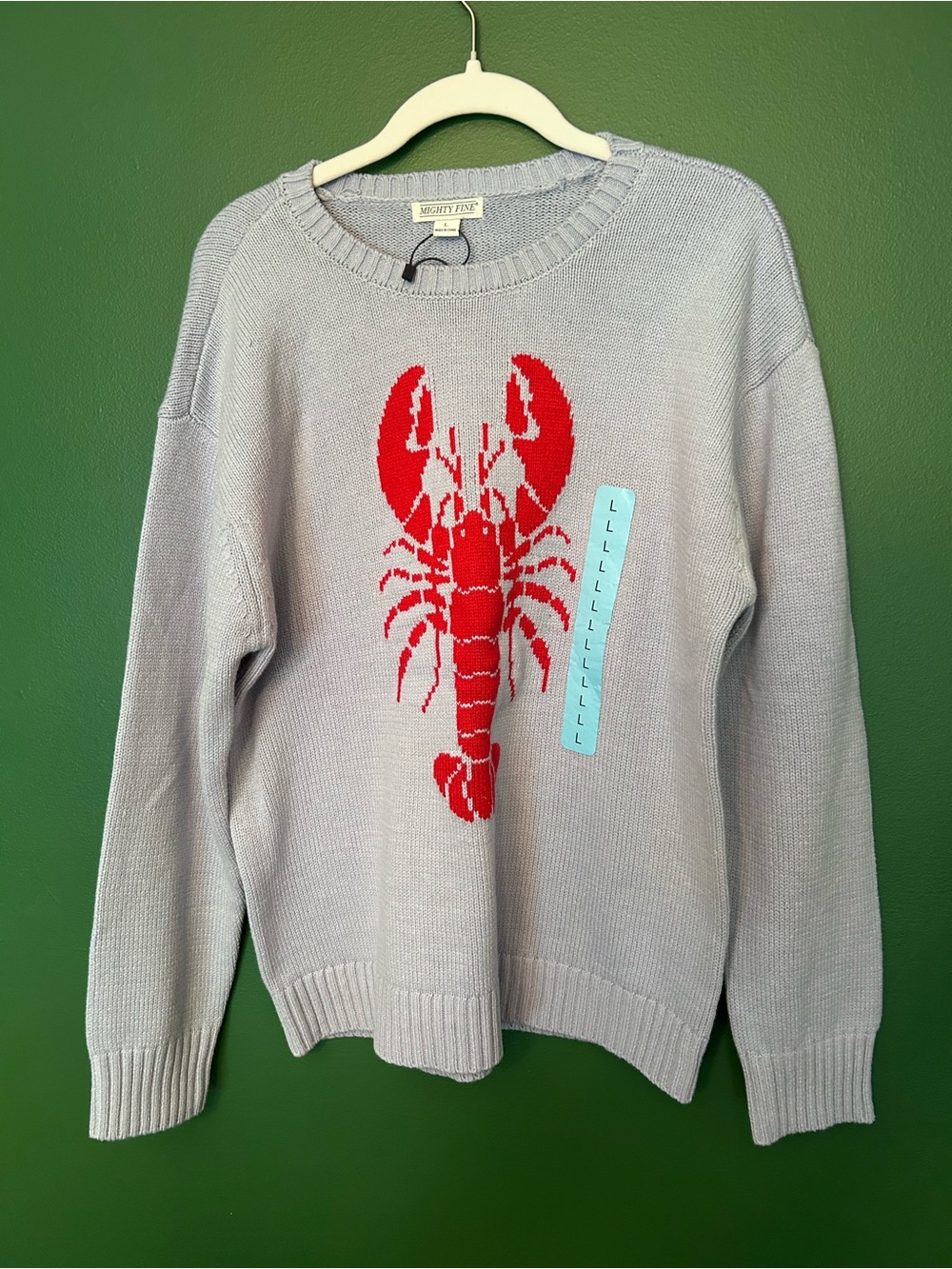Mighty fine Light blue Crewneck Sweater with Red Lobster